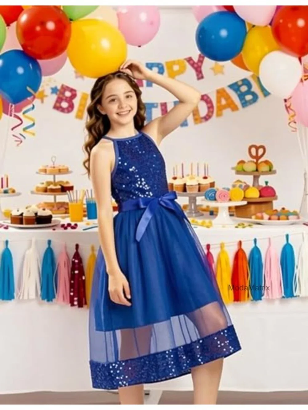 Girls Sequin Tulle Princess Party Dress Halter Sleeveless Formal Tutu